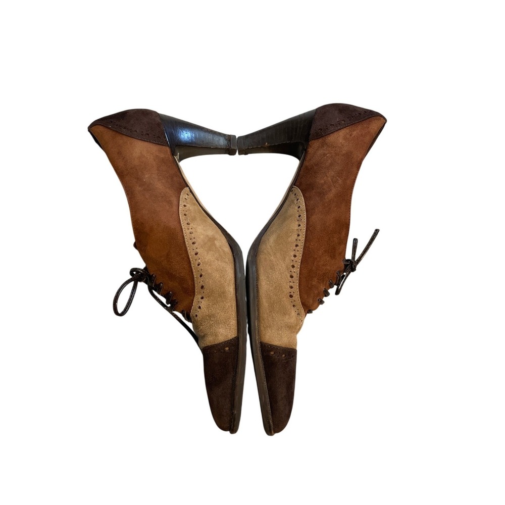 Prevata Brown Suede Tricolor Oxford Heels Made in Italy Lace Up Pointed Toe 8